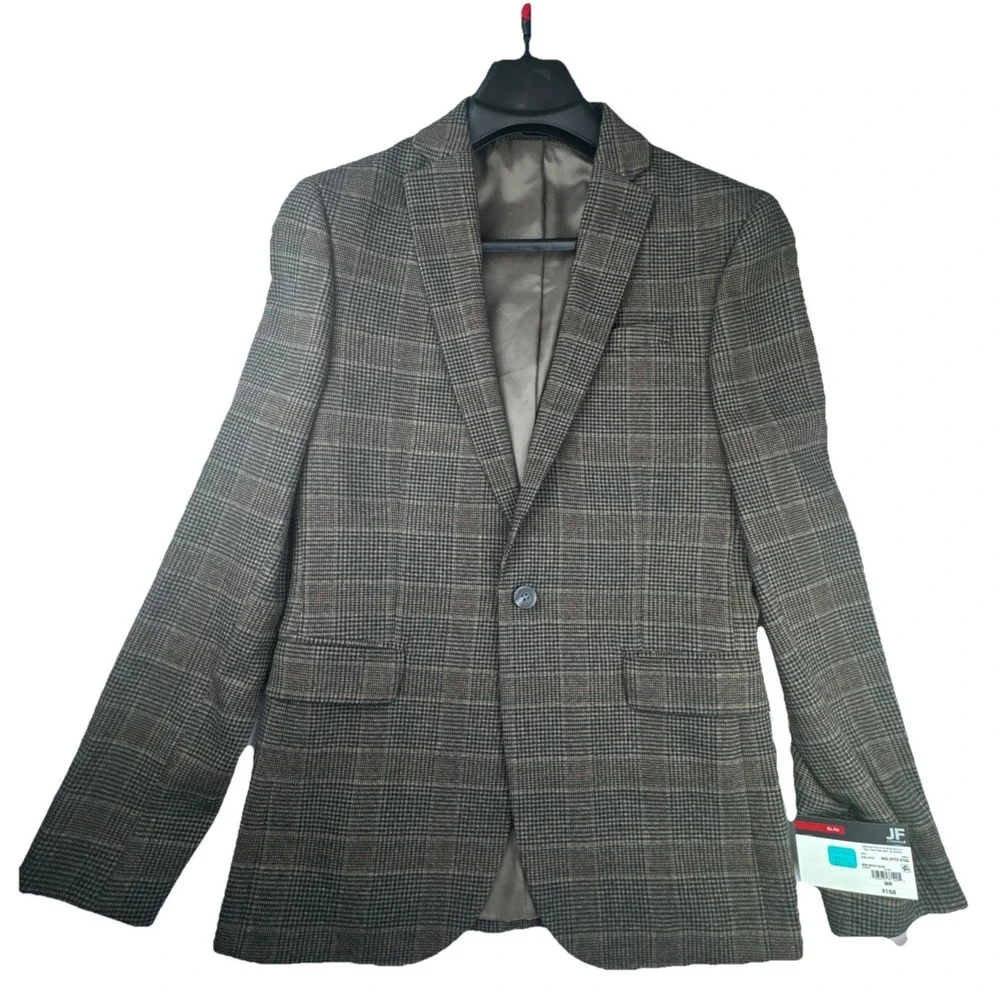 JF J.Ferrar Mens Slim Fit Blazer‎ 36R Brown Glen Plaid Sport Coat Professional
